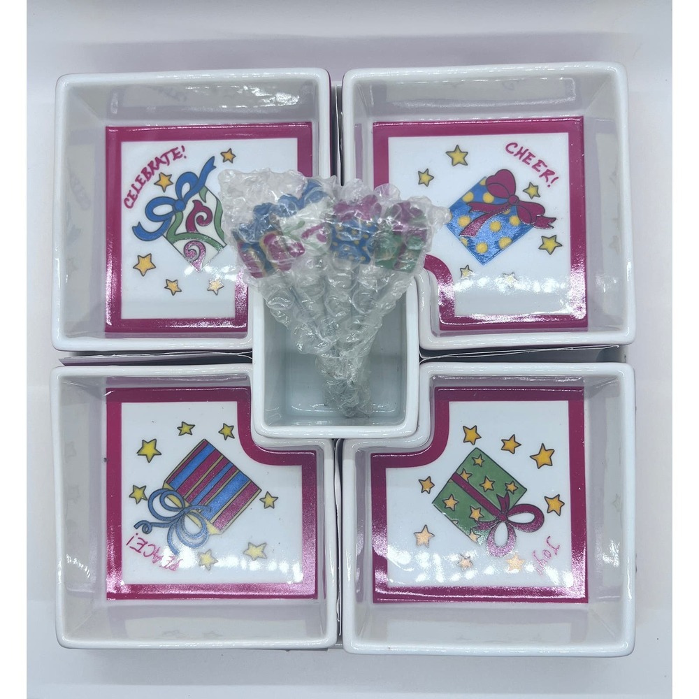 Vintage 10 Piece Tidbit Tray Set Peace Celebrate Cheer Joy NEW IN BOX